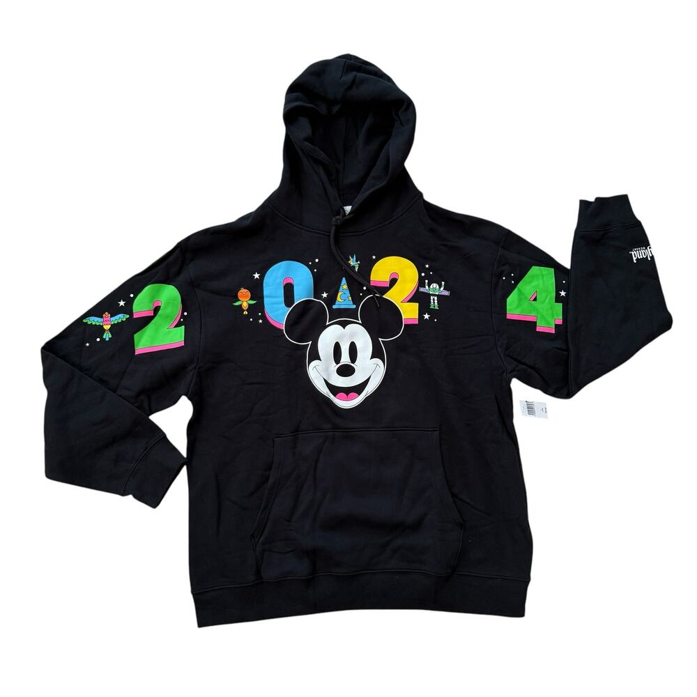 NWT Disney Parks 2024 Mickey Mouse Hoodie Disneyland Neon Graphic Pullover Black